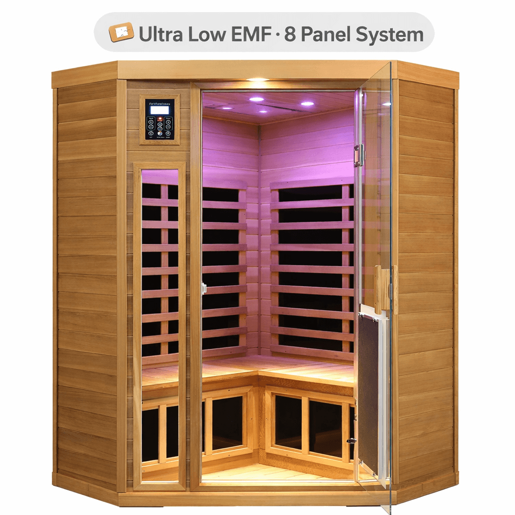 Kunsana 2–3 Person Corner Sauna — 1760W Ultra Low EMF Red Cedar