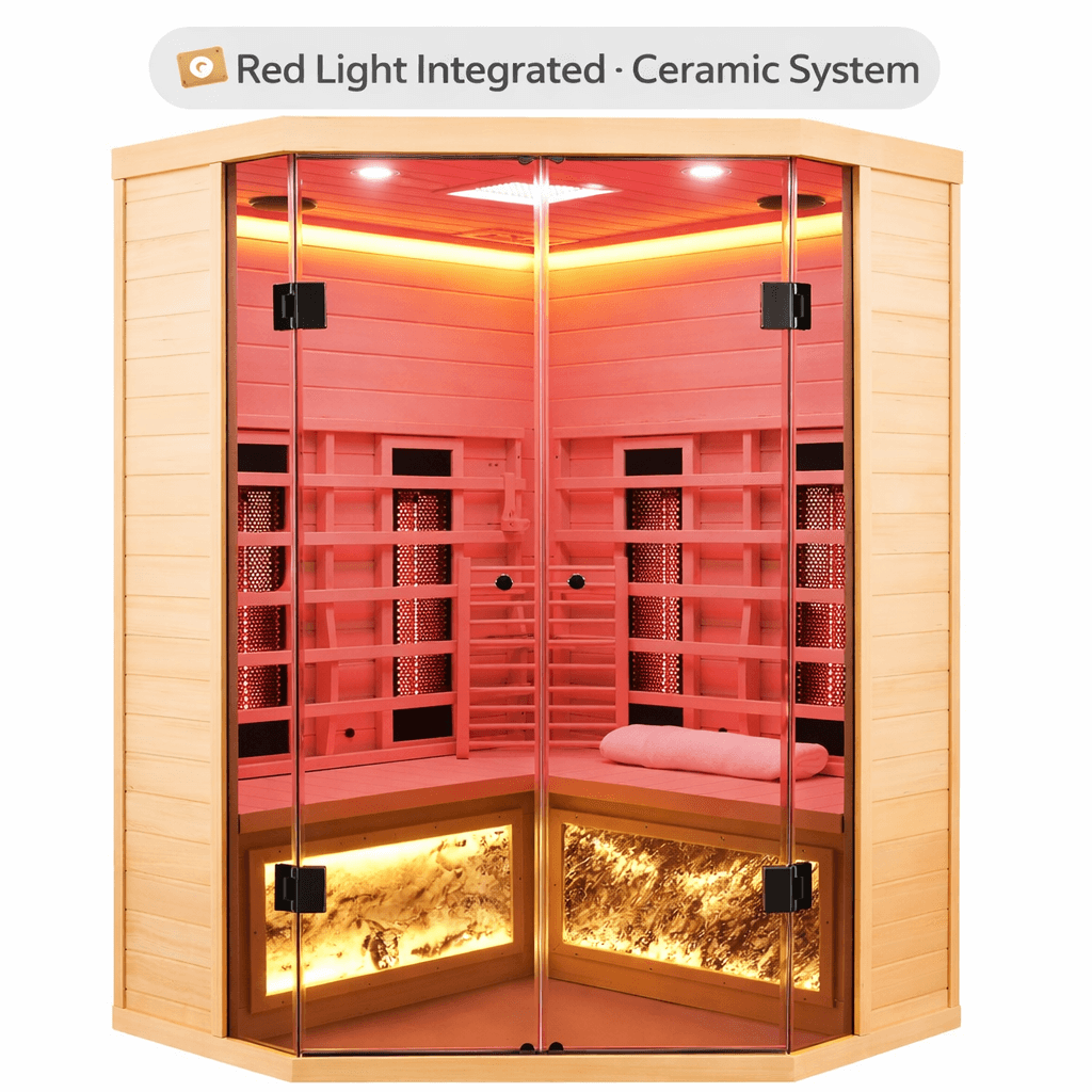 Kunsana 2–3 Person Corner Sauna — 1810W Ceramic + Red Light